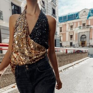 NWT Zara Sequin Halter Top In Black & Gold - M
